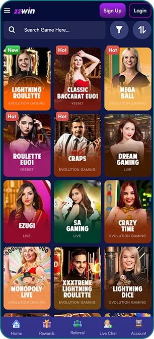 22Win wide variety of live games