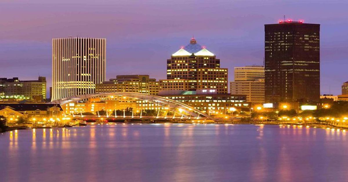 The Rochester, NY, skyline at night