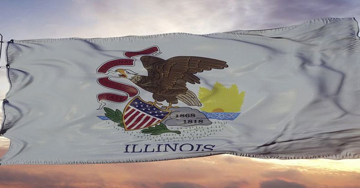 The Illinois state flag flying in the wind